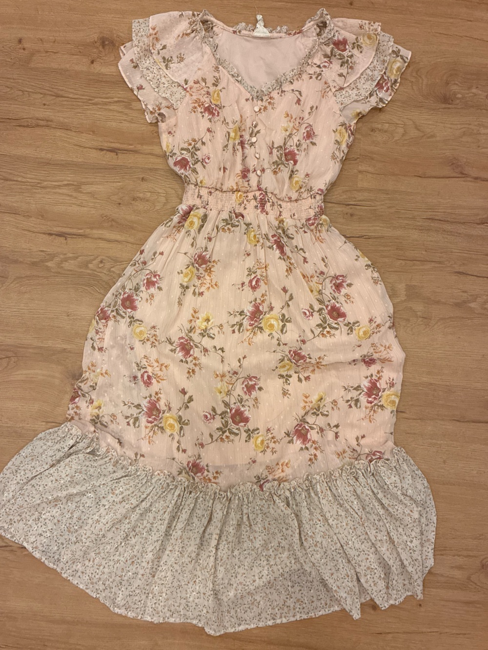 Blu Pepper Blush Pink Floral Midi Dress with Yellow Rose Print